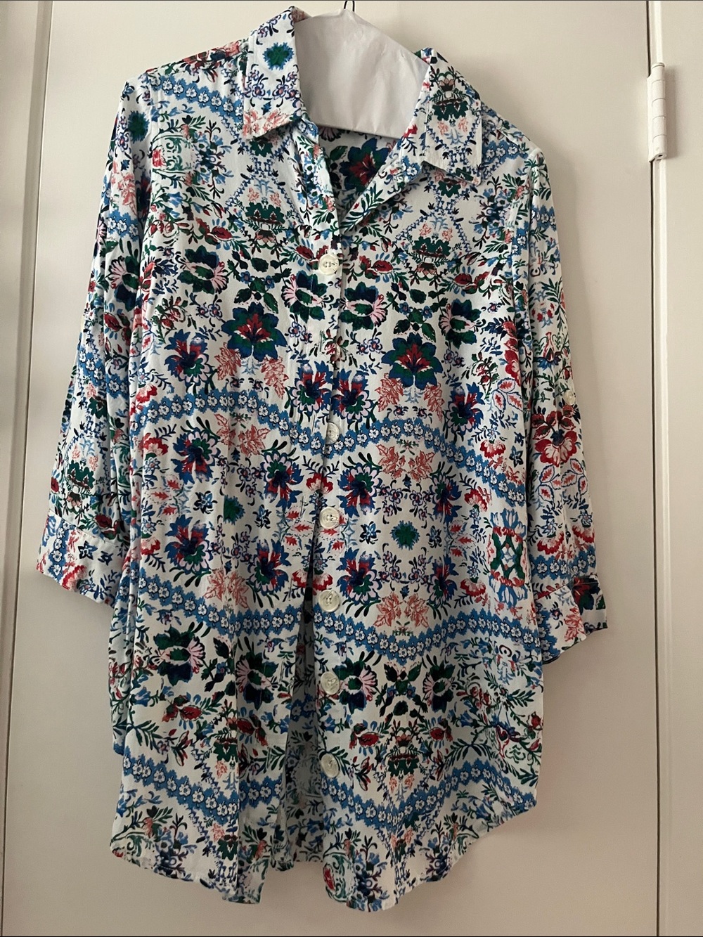 intro. White Button-Down Shirt with Blue, Green & Red Floral Print
